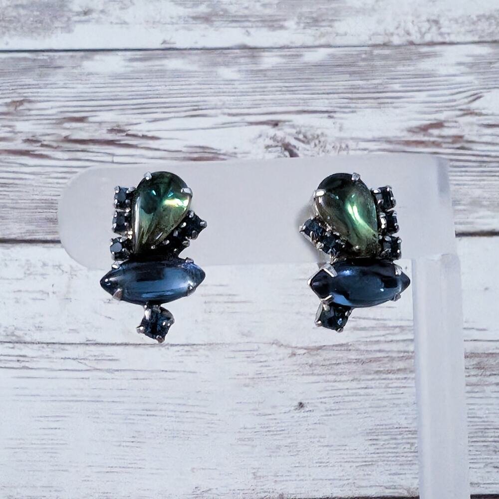 Vintage Clip On Earrings Green & Blue Gems Statement